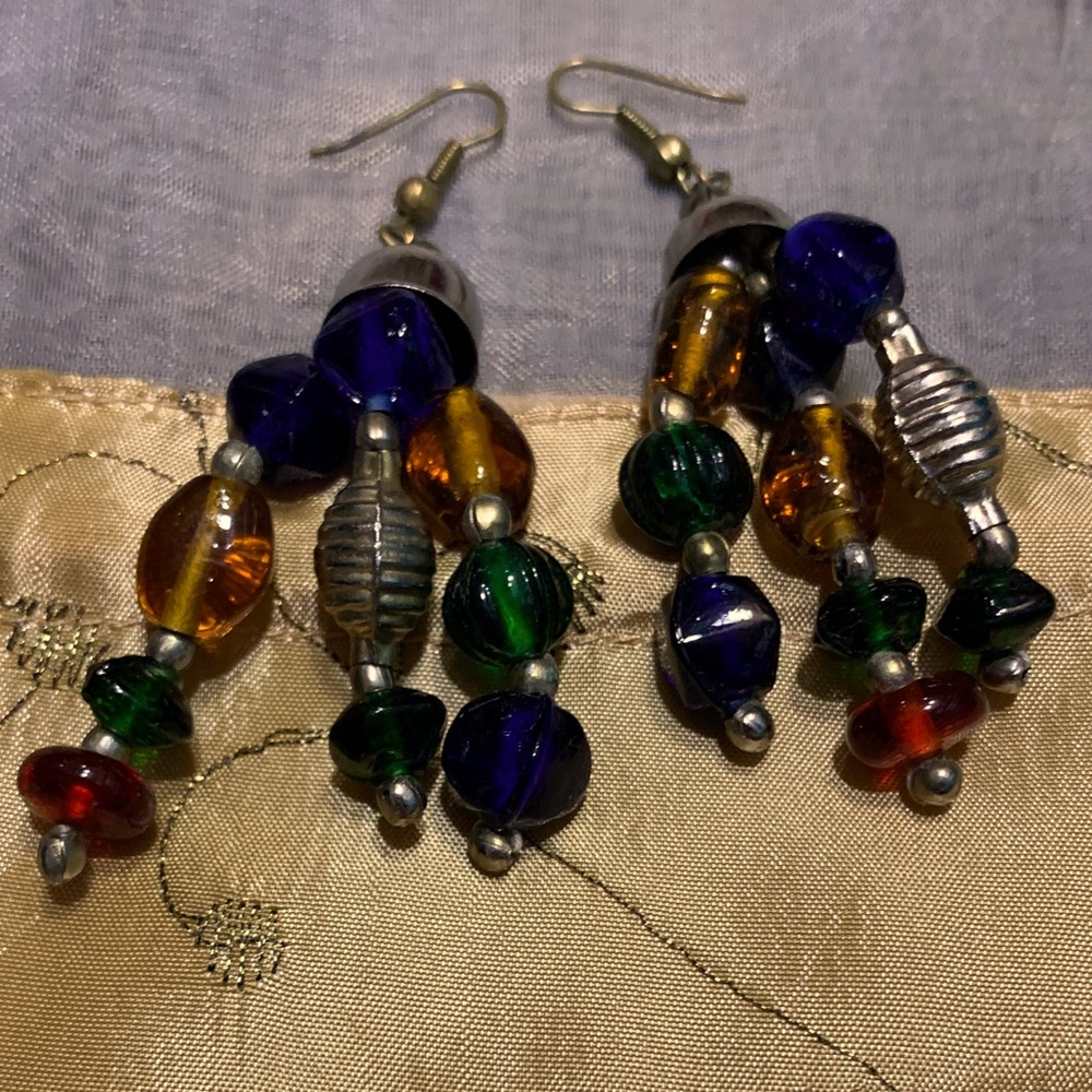 Antique Czech Colorful glass Beaded Dangle Earrings #017